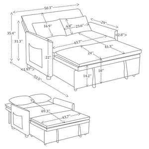 English Elm 51.2" Velvet Sleeper Loveseat with 5-position Recline and Pull-out Bed for Small Spaces Gray W1193P503369