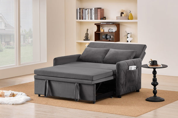 English Elm 51.2" Diamond Quilted Velvet Sleeper Loveseat with 5 Recline Positions for Apartments Gray W1193P503442