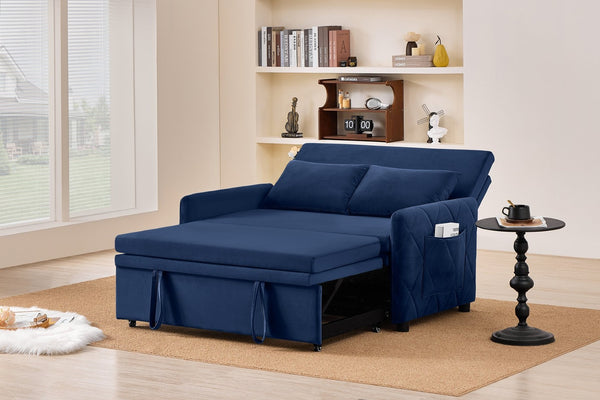 English Elm 51.2" Diamond Quilted Velvet Sleeper Loveseat with 5 Recline Positions for Apartments Blue W1193P503667