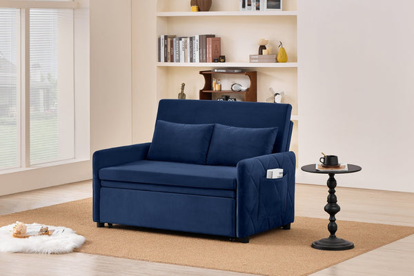 English Elm 51.2" Diamond Quilted Velvet Sleeper Loveseat with 5 Recline Positions for Apartments Blue W1193P503667