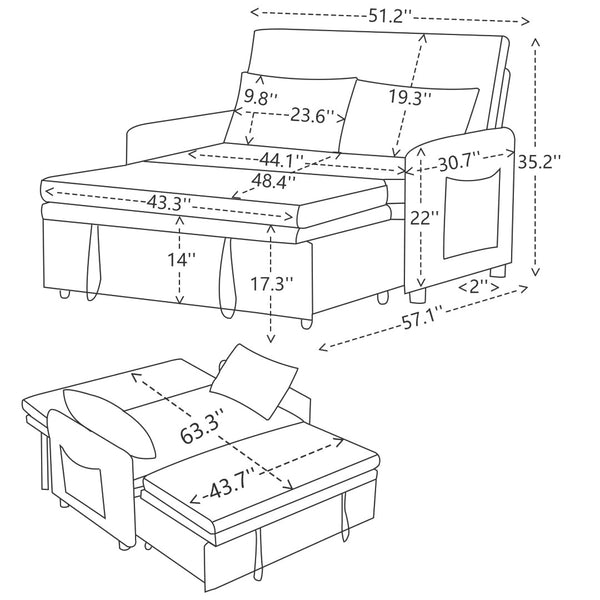 English Elm 51.2" Diamond Quilted Velvet Sleeper Loveseat with 5 Recline Positions for Apartments W1193P503670
