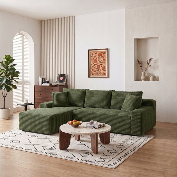 English Elm 94.06 Inch L Shaped Corduroy Cloud Sectional Sofa with Deep Seats and Arm Storage Green Left Chaise W1193P552803