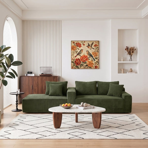 English Elm 94.06 Inch L Shaped Corduroy Cloud Sectional Sofa with Deep Seats and Arm Storage Green Left Chaise W1193P552803