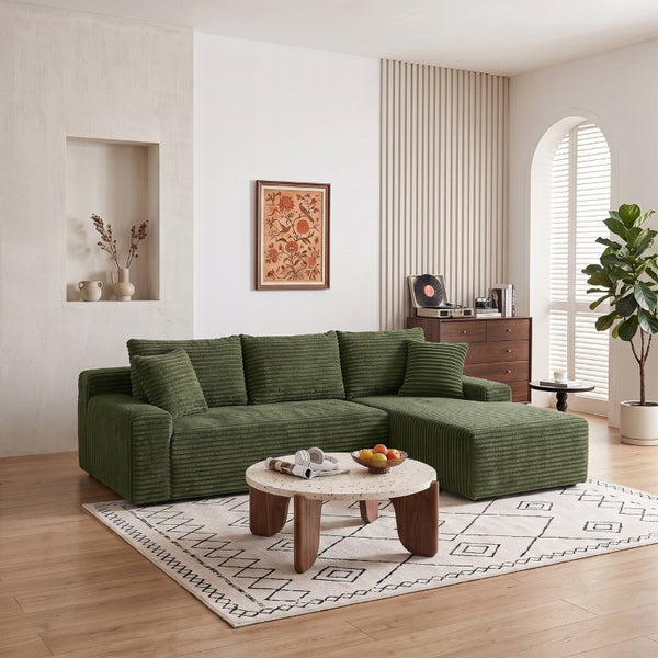 English Elm 94.06 Inch L Shaped Corduroy Cloud Sectional Sofa with Deep Seats and Arm Storage Green Right Chaise W1193P552805
