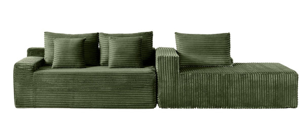 English Elm 94.06 Inch L Shaped Corduroy Cloud Sectional Sofa with Deep Seats and Arm Storage Green Right Chaise W1193P552805