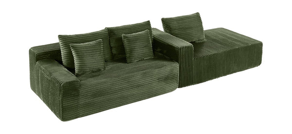 English Elm 94.06 Inch L Shaped Corduroy Cloud Sectional Sofa with Deep Seats and Arm Storage Green Right Chaise W1193P552805