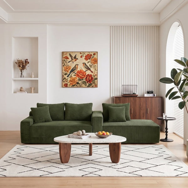 English Elm 94.06 Inch L Shaped Corduroy Cloud Sectional Sofa with Deep Seats and Arm Storage Green Right Chaise W1193P552805