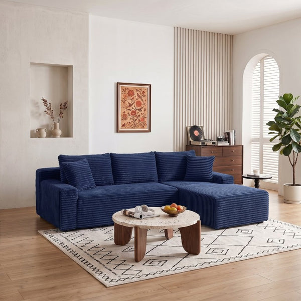 English Elm 94.06 Inch L Shaped Corduroy Cloud Sectional Sofa with Deep Seats and Arm Storage Blue Right Chaise W1193P552811
