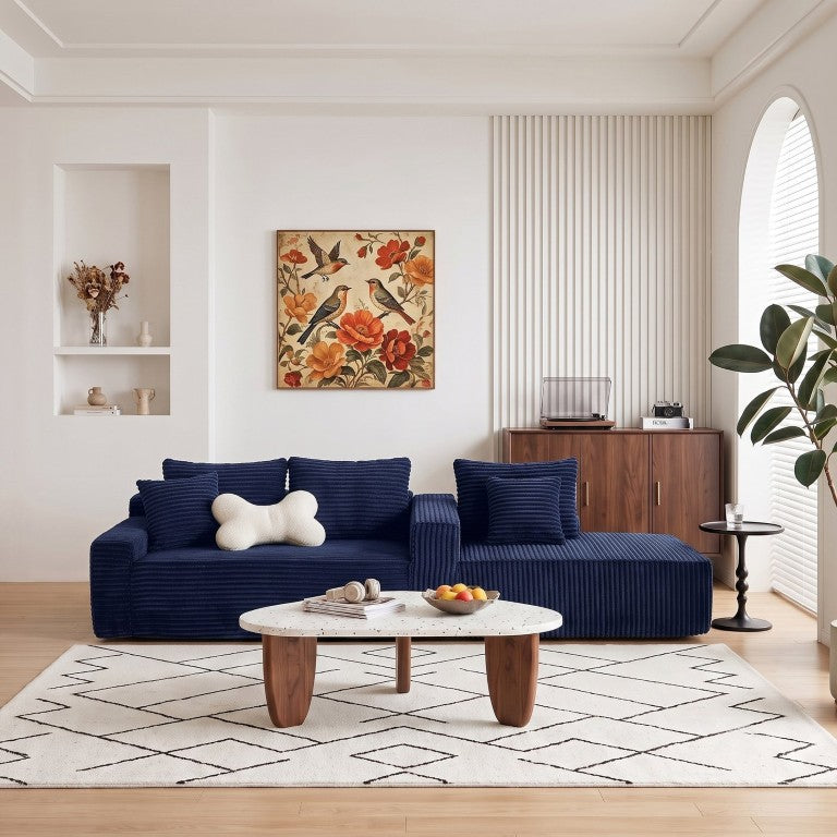 English Elm 94.06 Inch L Shaped Corduroy Cloud Sectional Sofa with Deep Seats and Arm Storage Blue Right Chaise W1193P552811