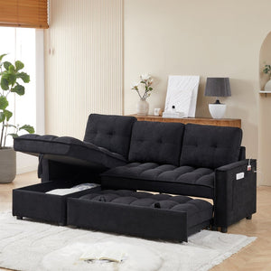 English Elm 71.3" Chenille Sectional Sleeper Sofa with Storage Chaise and Built-in Usb Charging Black W1193S00193