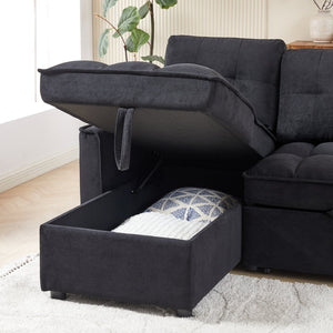 English Elm 71.3" Chenille Sectional Sleeper Sofa with Storage Chaise and Built-in Usb Charging Black W1193S00193