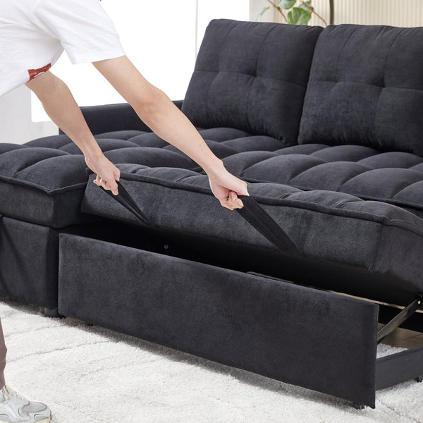 English Elm 71.3" Chenille Sectional Sleeper Sofa with Storage Chaise and Built-in Usb Charging Black W1193S00193