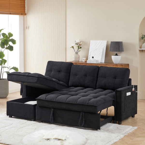 English Elm 71.3" Chenille Sectional Sleeper Sofa with Storage Chaise and Built-in Usb Charging Black W1193S00193