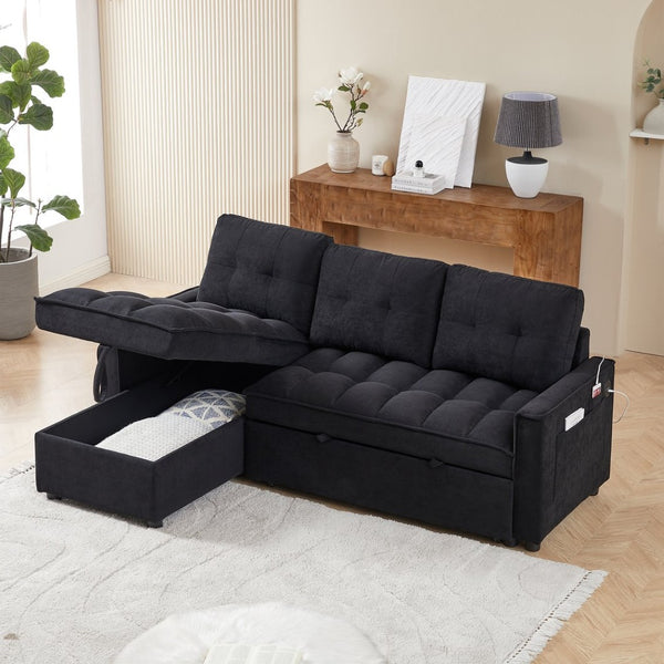 English Elm 71.3" Chenille Sectional Sleeper Sofa with Storage Chaise and Built-in Usb Charging Black W1193S00193