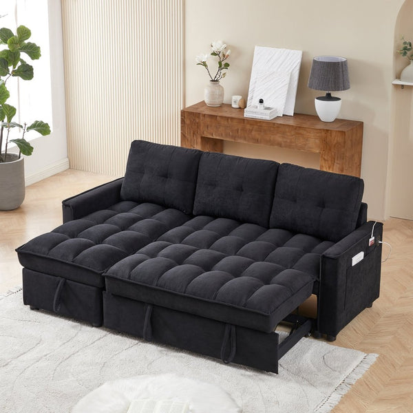 English Elm 71.3" Chenille Sectional Sleeper Sofa with Storage Chaise and Built-in Usb Charging Black W1193S00193