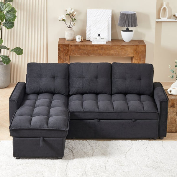 English Elm 71.3" Chenille Sectional Sleeper Sofa with Storage Chaise and Built-in Usb Charging Black W1193S00193