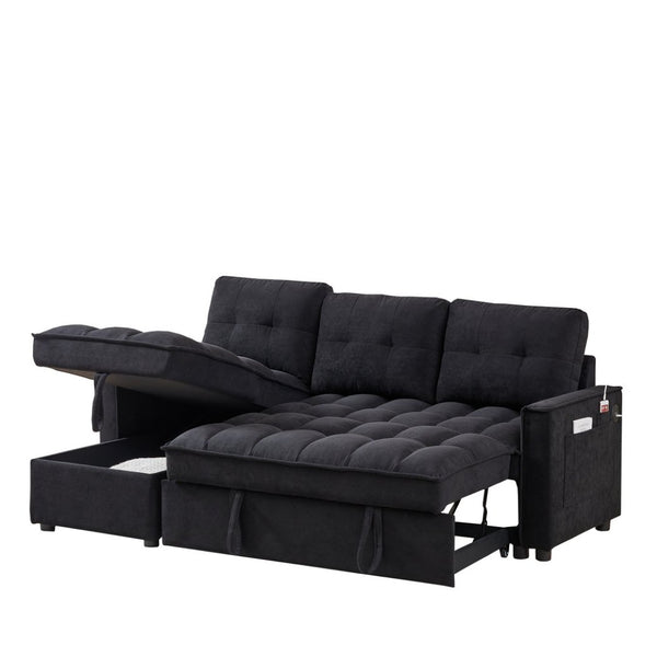 English Elm 71.3" Chenille Sectional Sleeper Sofa with Storage Chaise and Built-in Usb Charging Black W1193S00193