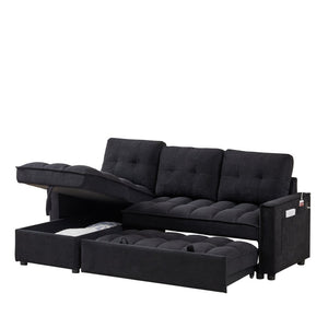 English Elm 71.3" Chenille Sectional Sleeper Sofa with Storage Chaise and Built-in Usb Charging Black W1193S00193