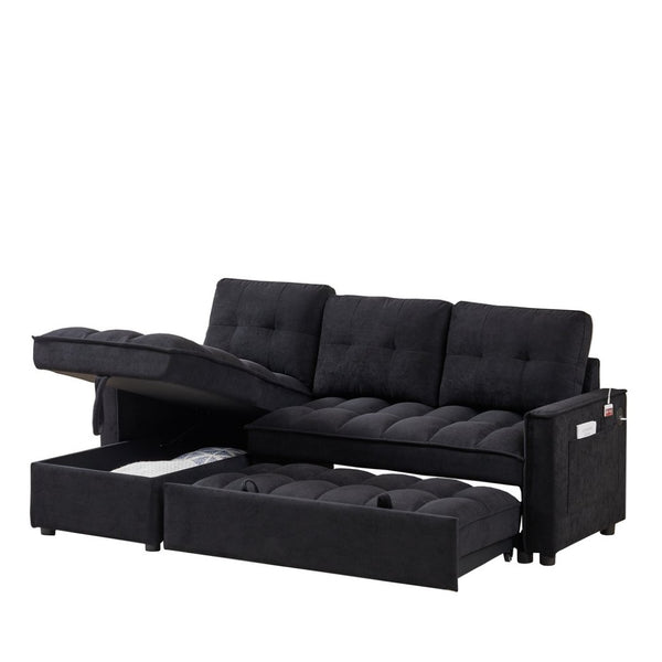 English Elm 71.3" Chenille Sectional Sleeper Sofa with Storage Chaise and Built-in Usb Charging Black W1193S00193