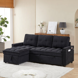 English Elm 71.3" Chenille Sectional Sleeper Sofa with Storage Chaise and Built-in Usb Charging Black W1193S00193