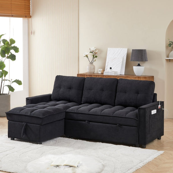 English Elm 71.3" Chenille Sectional Sleeper Sofa with Storage Chaise and Built-in Usb Charging Black W1193S00193