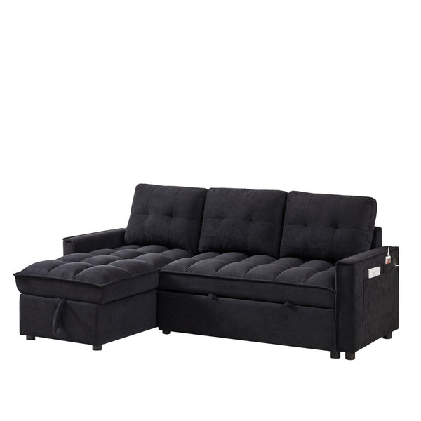 English Elm 71.3" Chenille Sectional Sleeper Sofa with Storage Chaise and Built-in Usb Charging Black W1193S00193