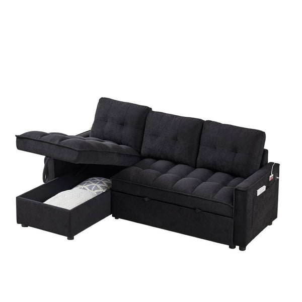 English Elm 71.3" Chenille Sectional Sleeper Sofa with Storage Chaise and Built-in Usb Charging Black W1193S00193