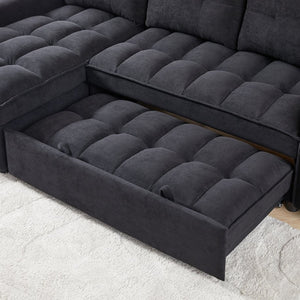 English Elm 71.3" Chenille Sectional Sleeper Sofa with Storage Chaise and Built-in Usb Charging Black W1193S00193