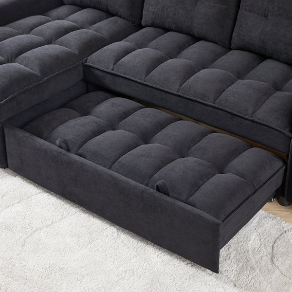English Elm 71.3" Chenille Sectional Sleeper Sofa with Storage Chaise and Built-in Usb Charging Black W1193S00193