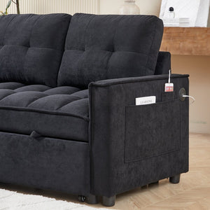 English Elm 71.3" Chenille Sectional Sleeper Sofa with Storage Chaise and Built-in Usb Charging Black W1193S00193