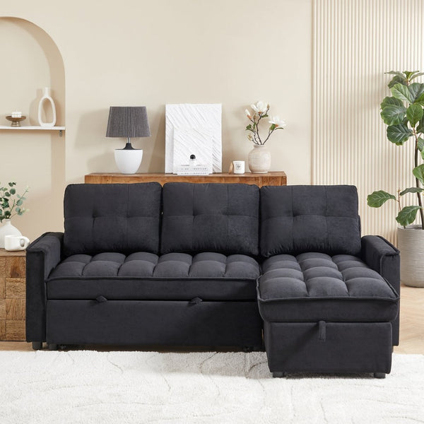 English Elm 71.3" Chenille Sectional Sleeper Sofa with Storage Chaise and Built-in Usb Charging Black W1193S00193