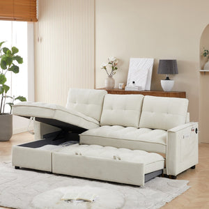 English Elm 71.3" Chenille Sectional Sleeper Sofa with Storage Chaise and Built-in Usb Charging Beige W1193S00194