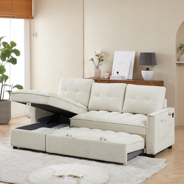 English Elm 71.3" Chenille Sectional Sleeper Sofa with Storage Chaise and Built-in Usb Charging Beige W1193S00194