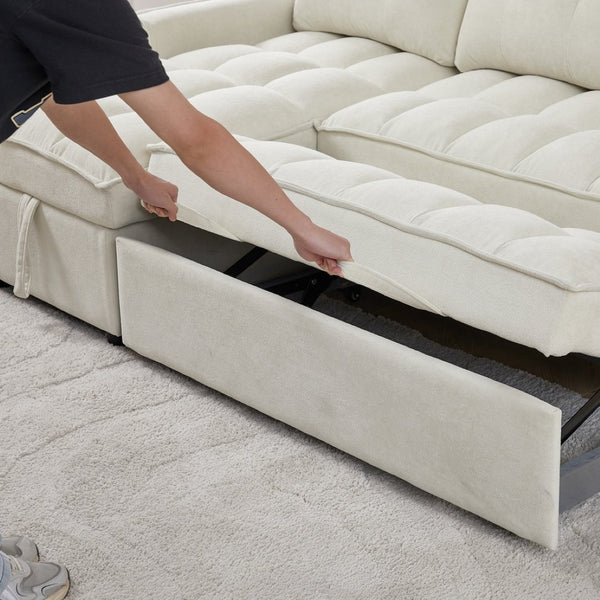 English Elm 71.3" Chenille Sectional Sleeper Sofa with Storage Chaise and Built-in Usb Charging Beige W1193S00194