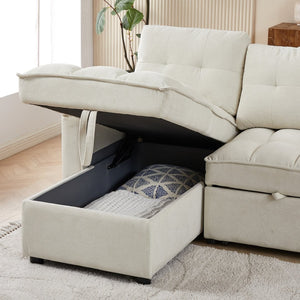 English Elm 71.3" Chenille Sectional Sleeper Sofa with Storage Chaise and Built-in Usb Charging Beige W1193S00194