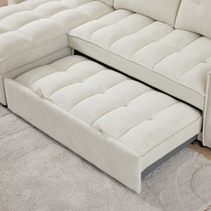 English Elm 71.3" Chenille Sectional Sleeper Sofa with Storage Chaise and Built-in Usb Charging Beige W1193S00194