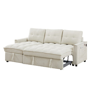 English Elm 71.3" Chenille Sectional Sleeper Sofa with Storage Chaise and Built-in Usb Charging Beige W1193S00194