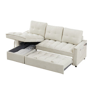 English Elm 71.3" Chenille Sectional Sleeper Sofa with Storage Chaise and Built-in Usb Charging Beige W1193S00194