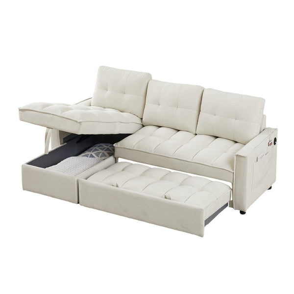 English Elm 71.3" Chenille Sectional Sleeper Sofa with Storage Chaise and Built-in Usb Charging Beige W1193S00194