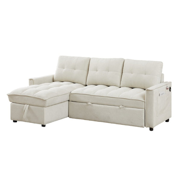 English Elm 71.3" Chenille Sectional Sleeper Sofa with Storage Chaise and Built-in Usb Charging Beige W1193S00194