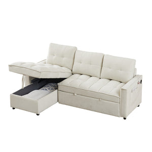 English Elm 71.3" Chenille Sectional Sleeper Sofa with Storage Chaise and Built-in Usb Charging Beige W1193S00194