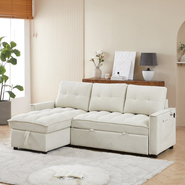 English Elm 71.3" Chenille Sectional Sleeper Sofa with Storage Chaise and Built-in Usb Charging Beige W1193S00194