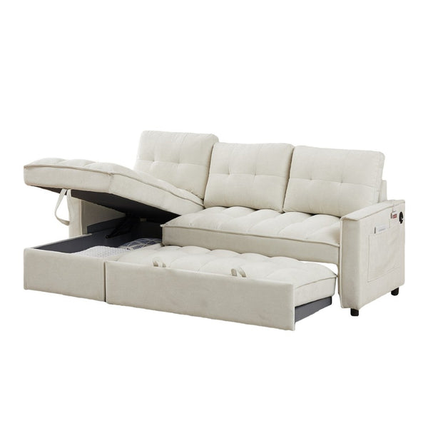 English Elm 71.3" Chenille Sectional Sleeper Sofa with Storage Chaise and Built-in Usb Charging Beige W1193S00194