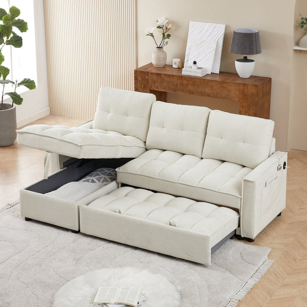 English Elm 71.3" Chenille Sectional Sleeper Sofa with Storage Chaise and Built-in Usb Charging Beige W1193S00194