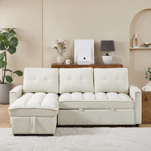English Elm 71.3" Chenille Sectional Sleeper Sofa with Storage Chaise and Built-in Usb Charging Beige W1193S00194