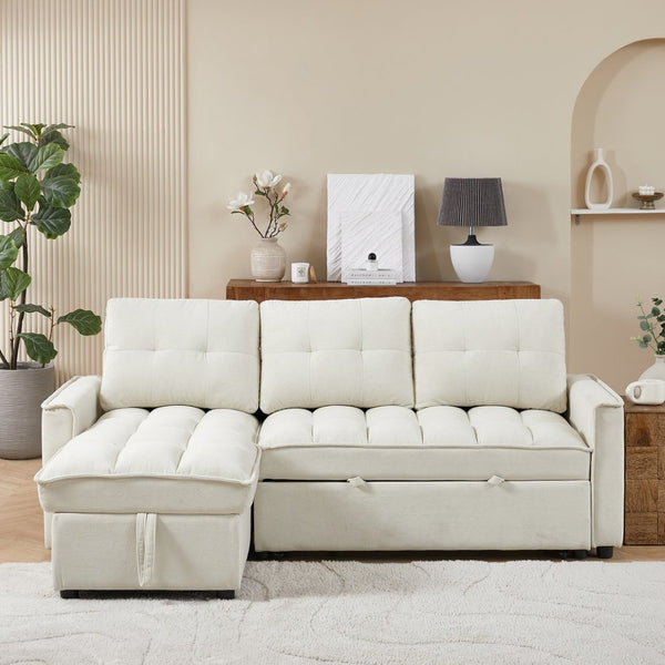 English Elm 71.3" Chenille Sectional Sleeper Sofa with Storage Chaise and Built-in Usb Charging Beige W1193S00194