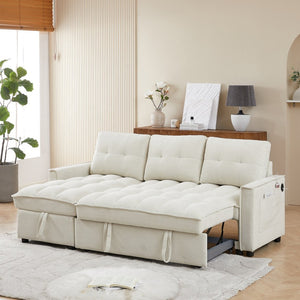 English Elm 71.3" Chenille Sectional Sleeper Sofa with Storage Chaise and Built-in Usb Charging Beige W1193S00194