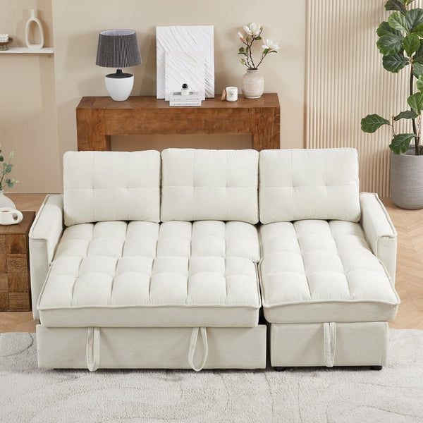 English Elm 71.3" Chenille Sectional Sleeper Sofa with Storage Chaise and Built-in Usb Charging Beige W1193S00194