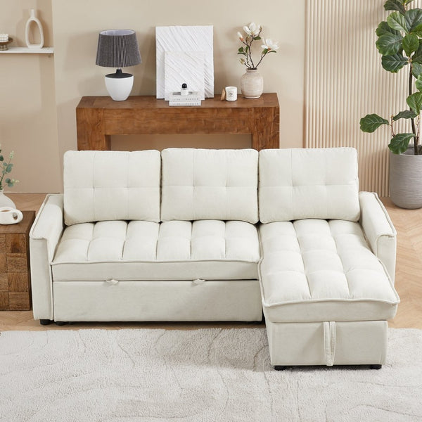 English Elm 71.3" Chenille Sectional Sleeper Sofa with Storage Chaise and Built-in Usb Charging Beige W1193S00194