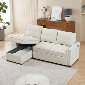 English Elm 71.3" Chenille Sectional Sleeper Sofa with Storage Chaise and Built-in Usb Charging Beige W1193S00194